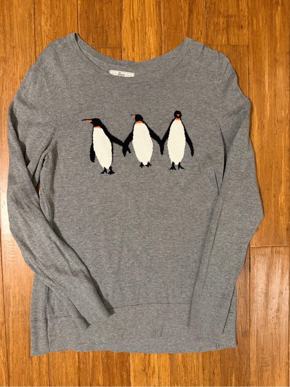 Bass Gray Crewneck Sweater with Penguin Trio Intarsia